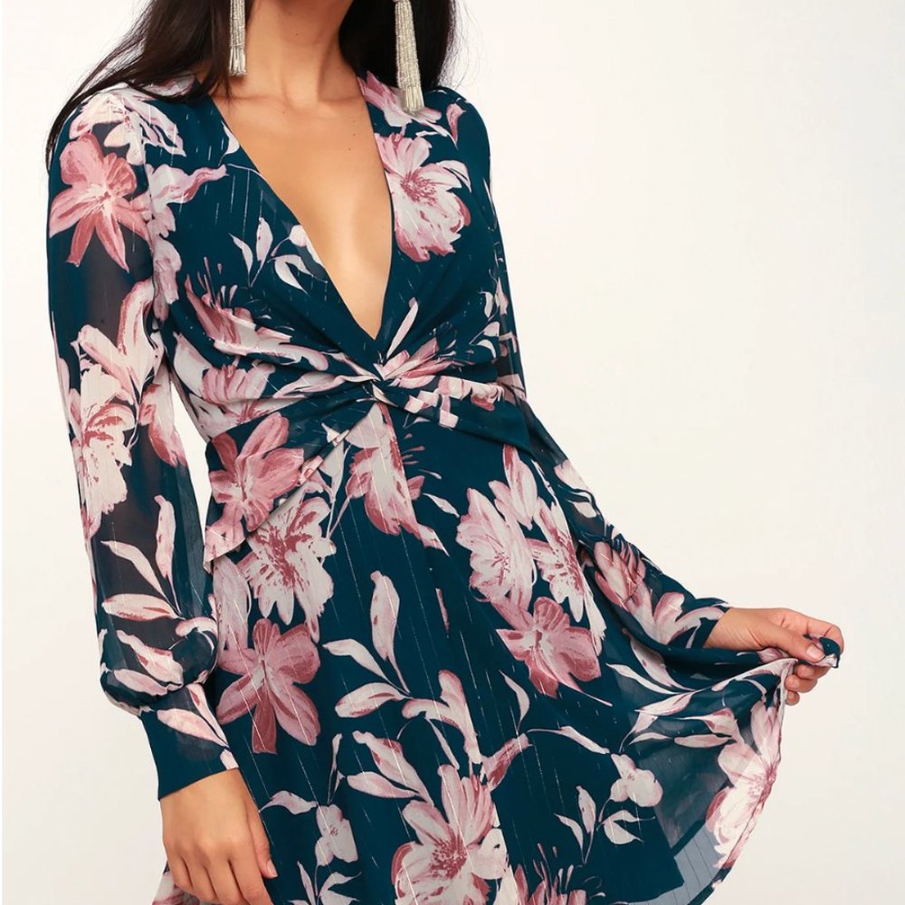 Lulu's Lively Teal Blue Floral Print Long Sleeve Knot Front Dress